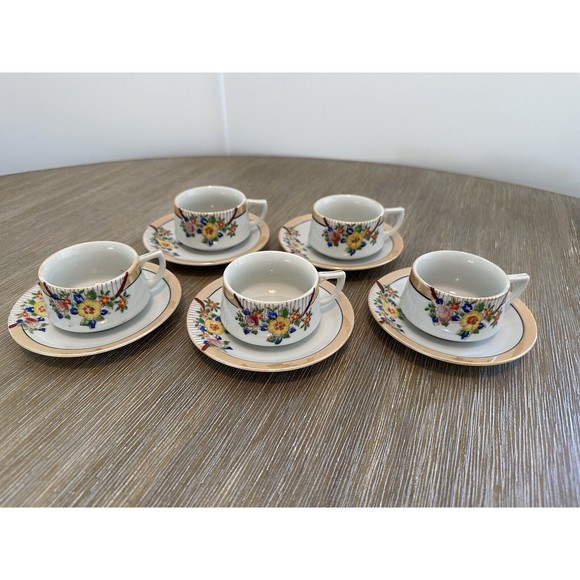 Antique Lusterware Demitasse Set Of 5, Japanese Hand-Painted - Picture 3 of 9